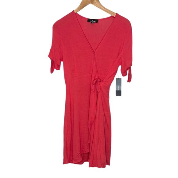 NWT LULUS Coral Pink My philosophy wrap dress size small - Picture 2 of 9